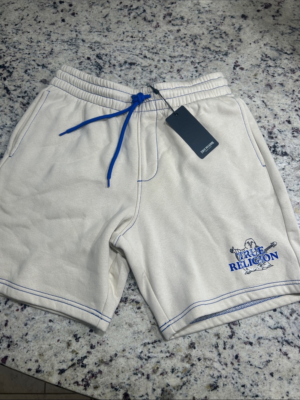 True Religion Cream Shorts with Blue Drawstring and Trim
